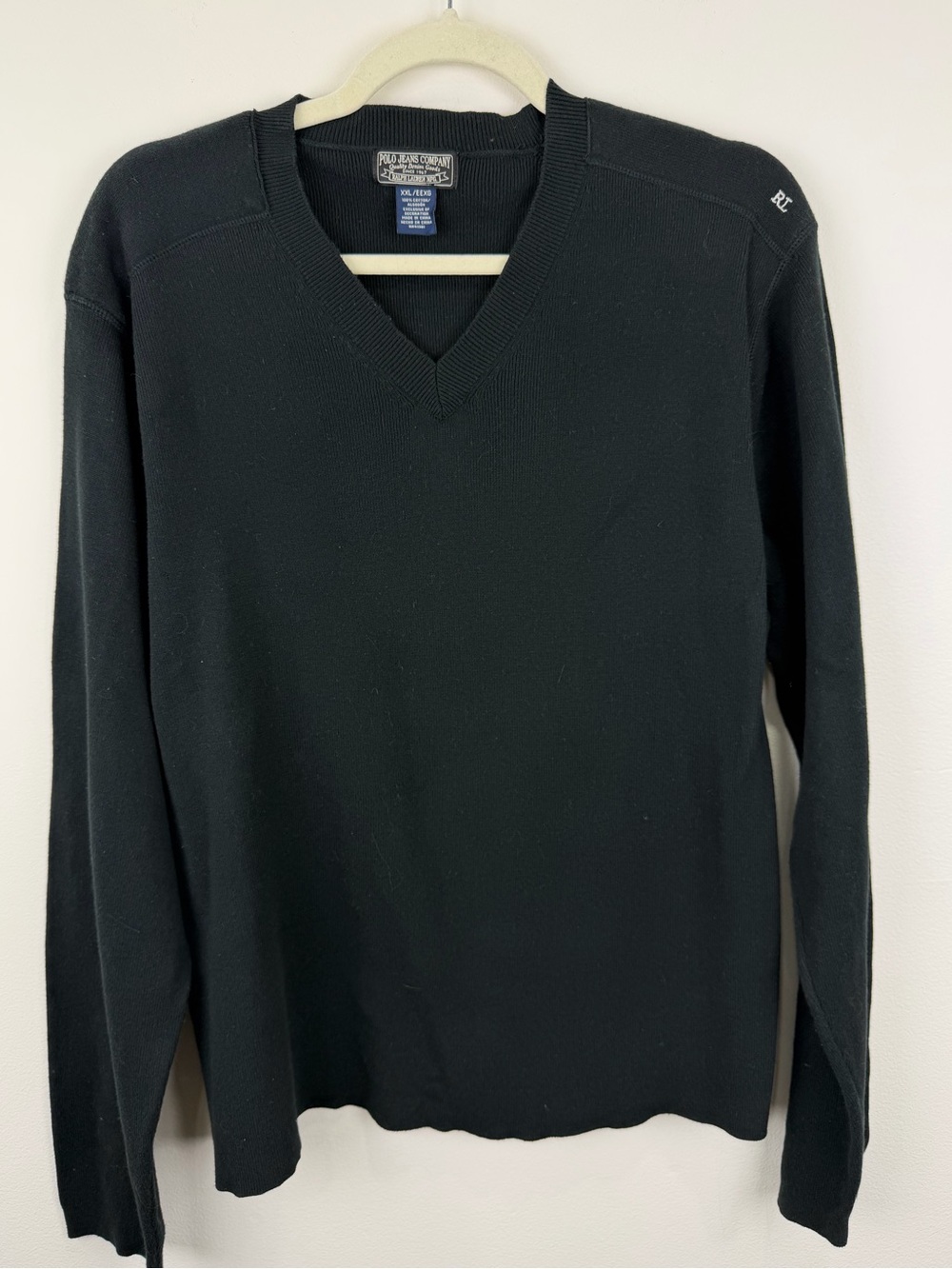 Vintage Polo Jeans Co Ralph Lauren Black V-Neck Cotton Sweater XXL Y2K